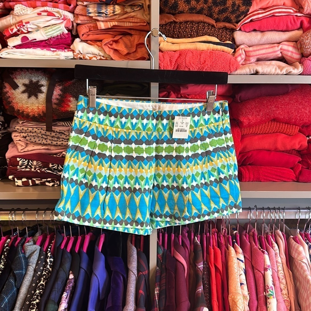 J Crew size 00 blue/green/yellow/white ikat print 3 1/2” shorts (fit like 0-2)